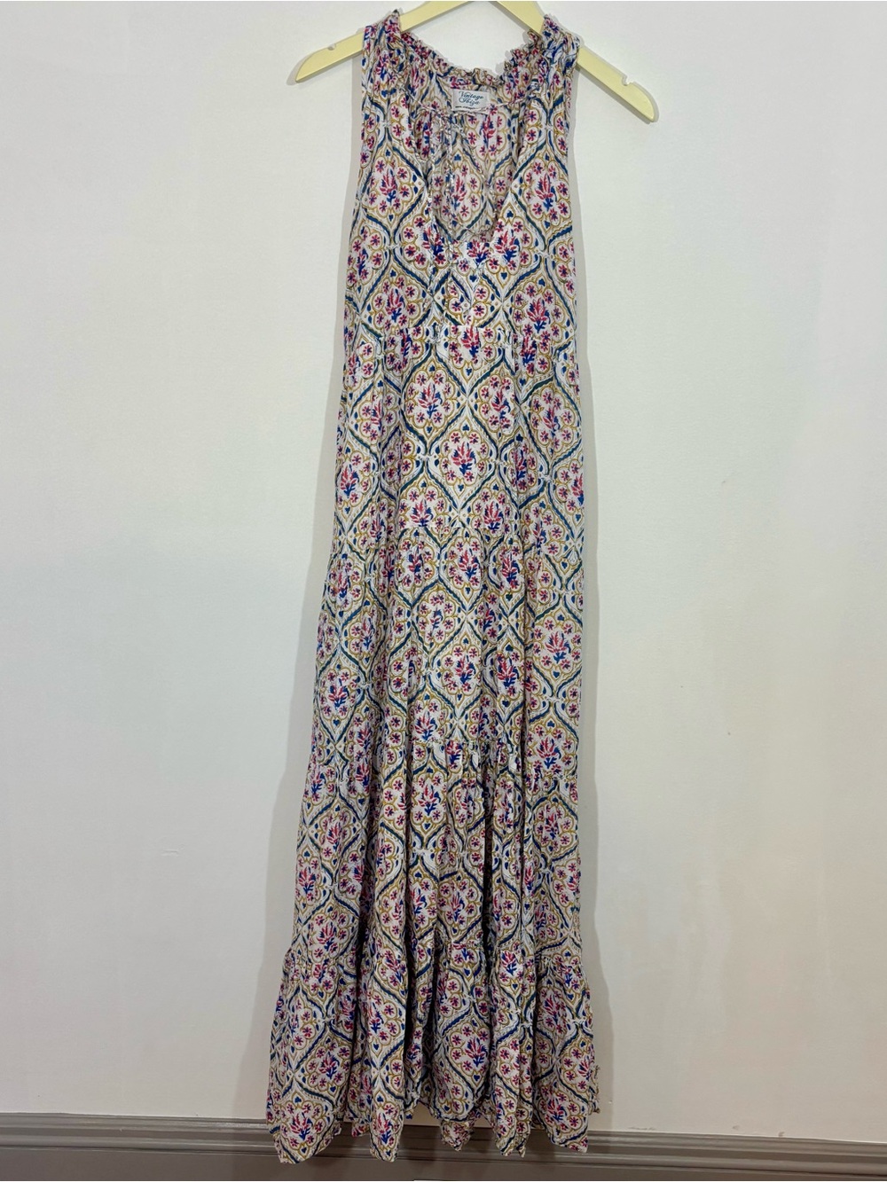 Vintage Ibiza Floral Ruffle Long Maxi Dress Sleeveless Lightweight Sz M Cottage